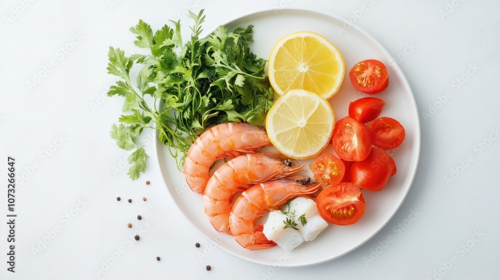 Minimalist seafood plate arrangement on a white background, fresh ingredients Minimalist seafood plate arrangement on a white background, fresh ingredients