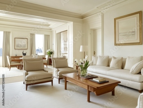 Luxurious Living Room with White Couch and Two Armchairs