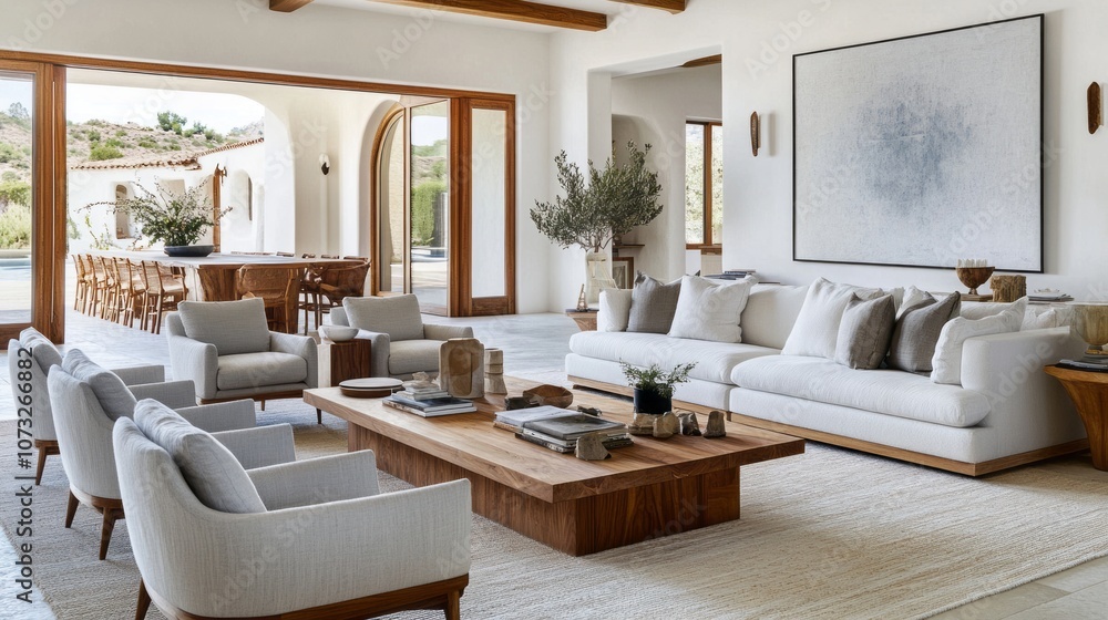 Modern Living Room with White Sofa, Armchairs, and Wooden Coffee Table Modern Living Room with White Sofa, Armchairs, and Wooden Coffee Table