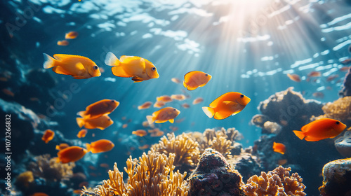 Bright orange fish swim among coral reefs, in an underwater environment illuminated by the sun's rays penetrating the clear water.