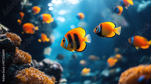 In the underwater landscape, brightly colored tropical fish glide among corals, and the sun's rays illuminate the clear ocean water.