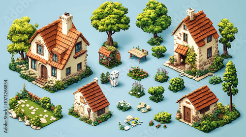 Private houses for game cartoon asset isometric icons set. Illustrations of luxury cottages, family home, building facades with windows and residential property. Cartoon 3D vector collection.