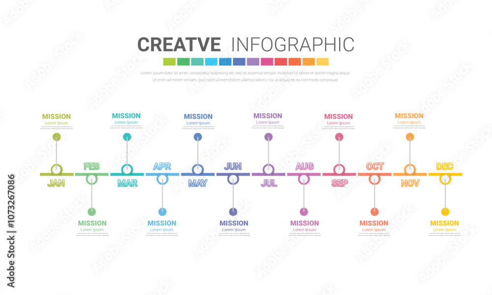 Naklejka premium Timeline presentation for 12 months, 1 year, Timeline infographics design vector and Presentation business can be used for Business concept with 12 options, steps or processes.