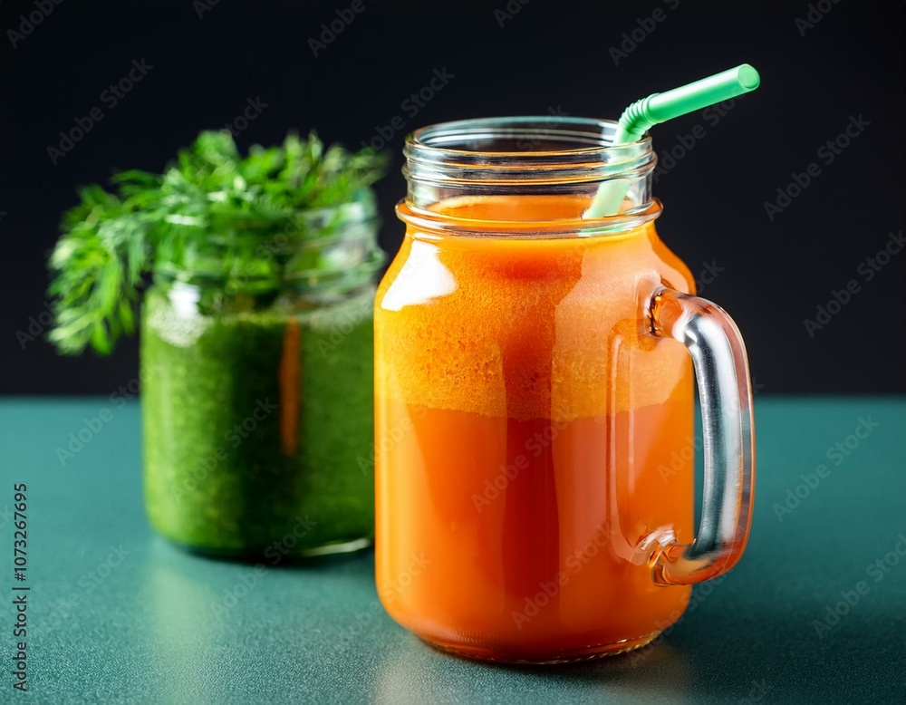 Orange, green detox juice in glass jars, bottle of vegetable fresh vegatables and fruits Orange, green detox juice in glass jars, bottle of vegetable fresh vegatables and fruits