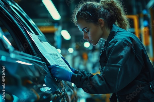 Automotive engineer inspecting plans in a car factory photo