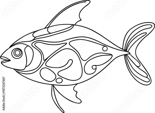 Single one line drawing Fish concept. Continuous line draw design graphic vector transparent with PNG