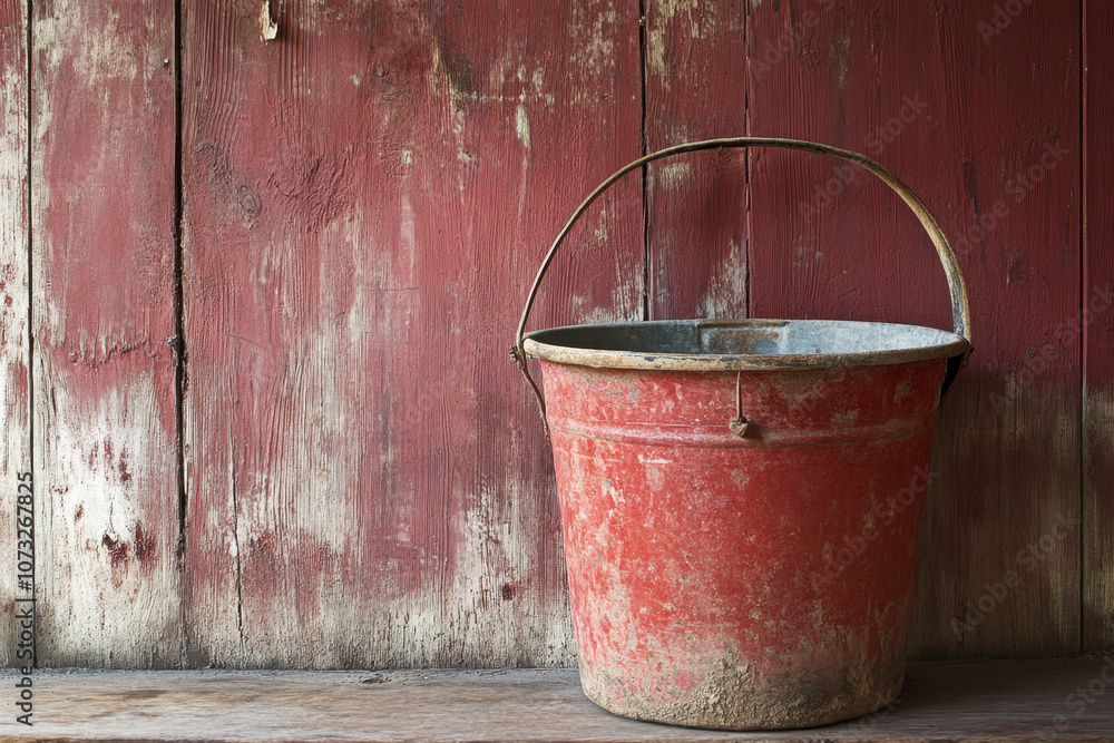 Obraz premium Rustic red metal bucket against a weathered wooden wall evokes a sense of nostalgia and simplicity. The textured surface highlights its vintage charm.