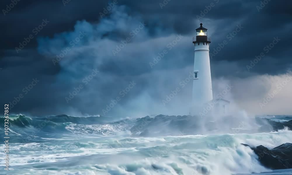 Majestic Lighthouse Illuminated at Night Amidst Stormy Seas and Dark Clouds Majestic Lighthouse Illuminated at Night Amidst Stormy Seas and Dark Clouds