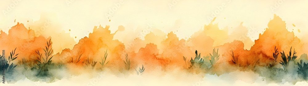 Obraz premium A serene watercolor landscape featuring soft orange and green hues, depicting a dreamy autumn scene with gentle brushstrokes and subtle textures.