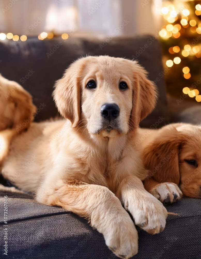 dogs relaxing on sofa at stylish living room, funny cute golden retriever dogs relaxing on sofa at stylish living room, funny cute golden retriever