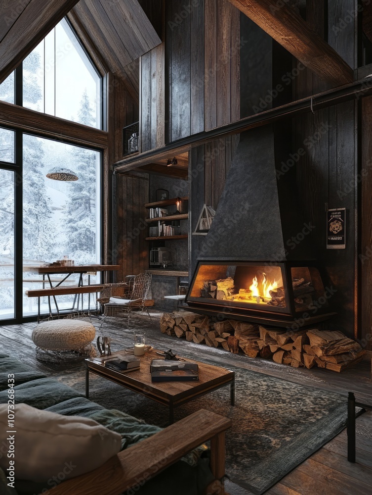 Cozy Cabin Interior with Fireplace and Snowy Window View Cozy Cabin Interior with Fireplace and Snowy Window View