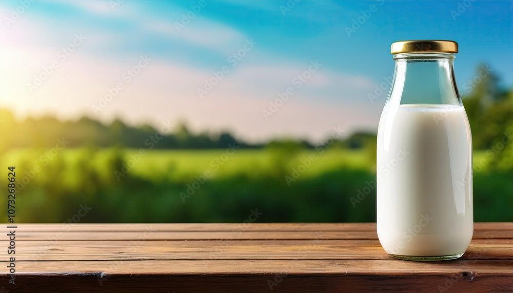 beautiful glass bottle of milk on wooden desk table top with nature background , space for text, cards banners or posters beautiful glass bottle of milk on wooden desk table top with nature background , space for text, cards banners or posters
