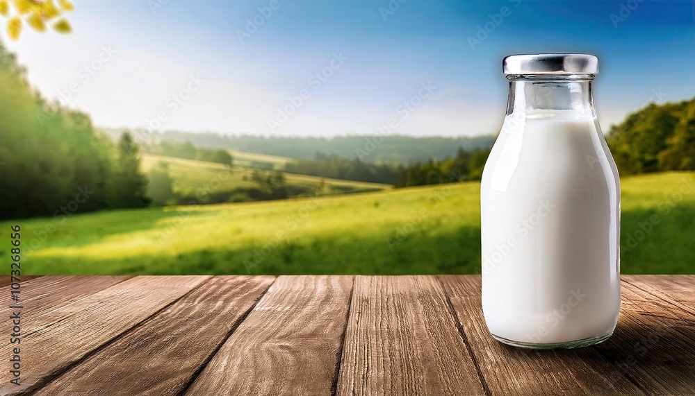 beautiful glass bottle of milk on wooden desk table top with nature background , space for text, cards banners or posters beautiful glass bottle of milk on wooden desk table top with nature background , space for text, cards banners or posters