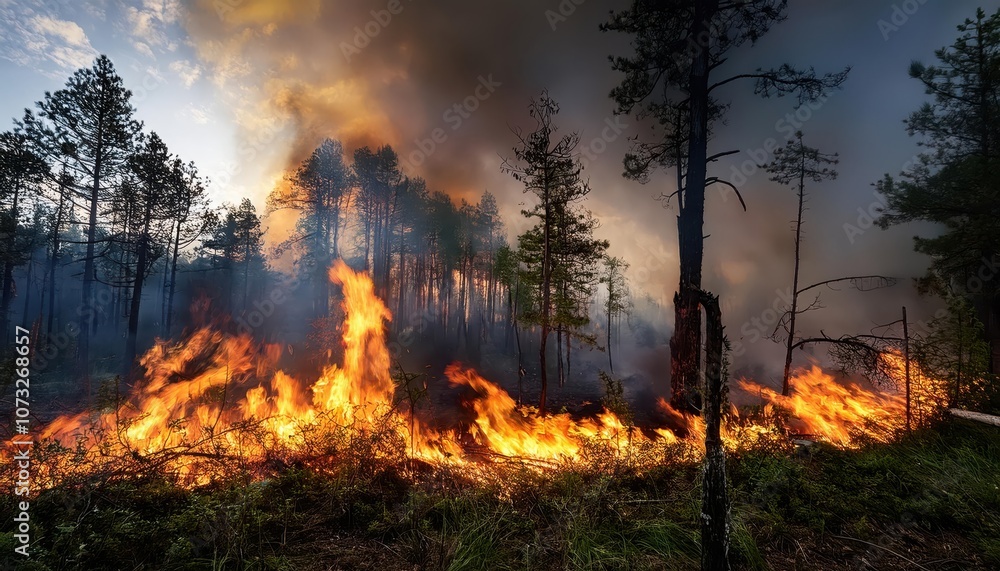 Dramatic Forest Wildfire Raging Through Pine Trees at Sunset with Intense Flames, Thick Smoke Clouds, and Dying Vegetation. Symbol of Environmental Crisis, Climate Change, and Deforestation Impact Dramatic Forest Wildfire Raging Through Pine Trees at Sunset with Intense Flames, Thick Smoke Clouds, and Dying Vegetation. Symbol of Environmental Crisis, Climate Change, and Deforestation Impact