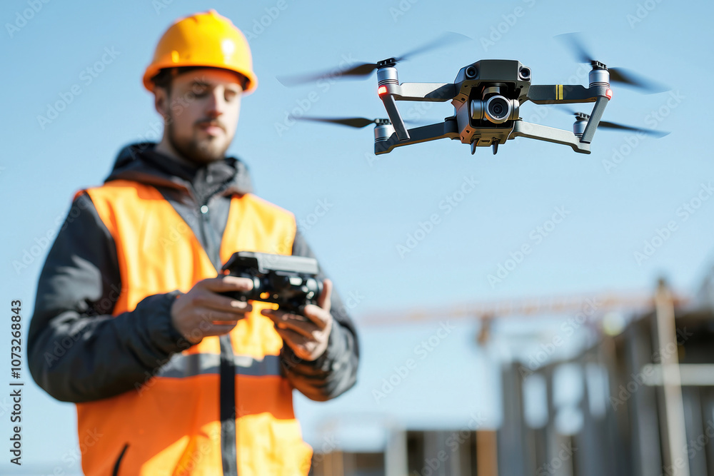 Builder operating drone with remote control Builder operating drone with remote control