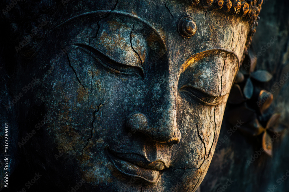 Close-up of a weathered stone Buddha statue, showcasing serene facial features with intricate details and textures, creating a contemplative, ancient atmosphere. Close-up of a weathered stone Buddha statue, showcasing serene facial features with intricate details and textures, creating a contemplative, ancient atmosphere.