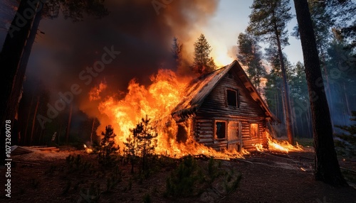 Dramatic Scene of a Cabin Engulfed in Flames in a Dense Forest, Highlighting the Devastation of Wildfires on Isolated Rural Homes at Dusk, with Intense Orange Flames and Dark Smoke Billowing into Sky