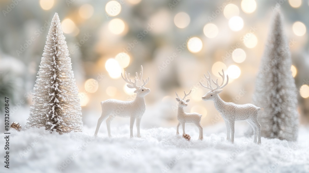 Snowy landscape with Santa Claus and reindeer figurines, softly glowing on a white background Snowy landscape with Santa Claus and reindeer figurines, softly glowing on a white background