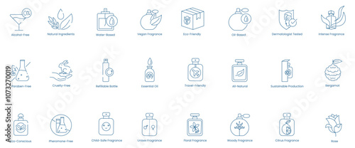 PrintVector Icons for Alcohol-Free, Natural Ingredients, Hypoallergenic, Water-Based, Vegan Fragrance, Sensitive Skin, Paraben-Free, Cruelty-Free, Organic Fragrance, Refillable Bottle, Essential Oil 