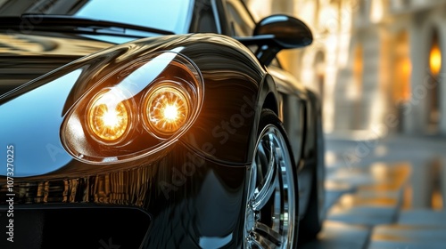 Wallpaper Mural Black Sports Car Headlight Detail, Illuminating the City Street, Luxury Automotive Photography. Torontodigital.ca
