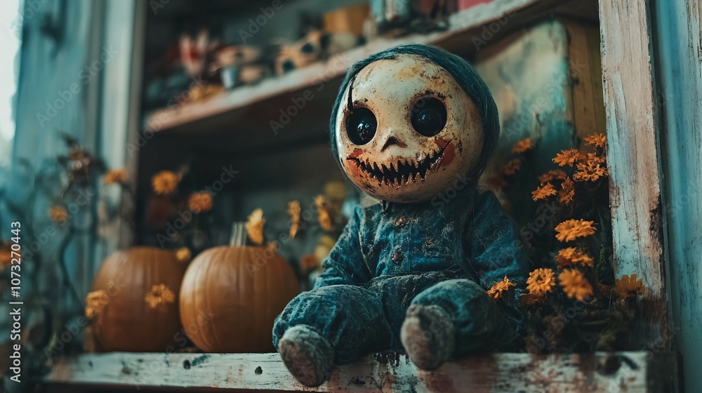 A creepy doll sitting on a shelf, its head slowly turning with a malevolent smile, adds to the unnerving atmosphere of Halloween. Concept of fear. A creepy doll sitting on a shelf, its head slowly turning with a malevolent smile, adds to the unnerving atmosphere of Halloween. Concept of fear.