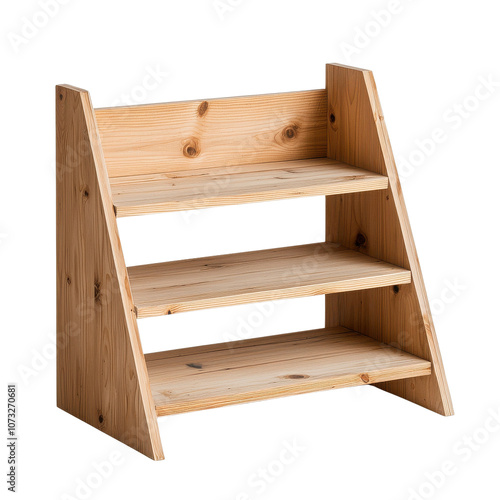 Wooden bookshelf with three tiers, ideal for displaying books or decorative items.