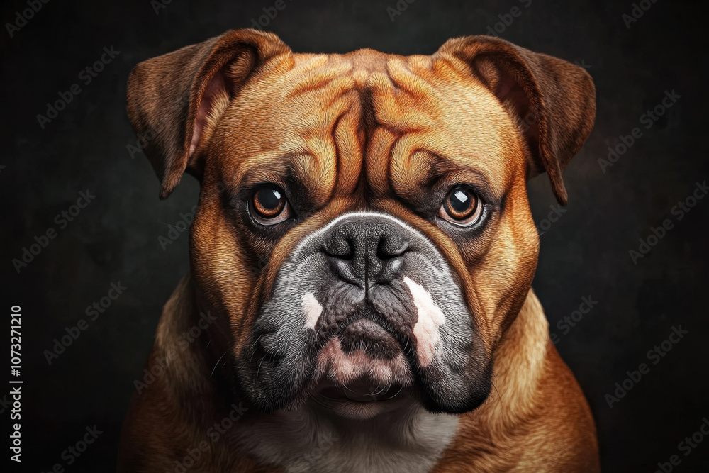 Close-up portrait of a relaxed brown and white bulldog against a dark background, showcasing its expressive eyes and wrinkled facial features. Close-up portrait of a relaxed brown and white bulldog against a dark background, showcasing its expressive eyes and wrinkled facial features.