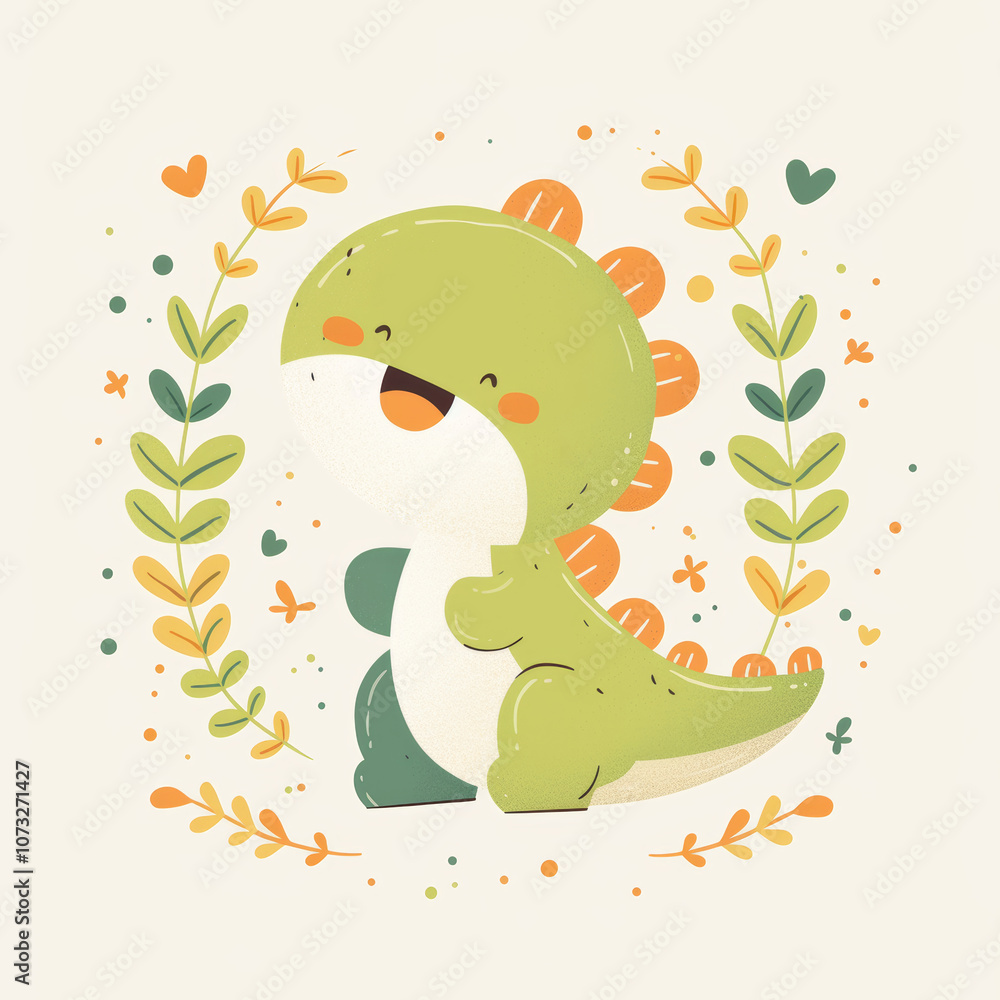 Obraz premium Cute Cartoon Dinosaur Surrounded by Floral Elements