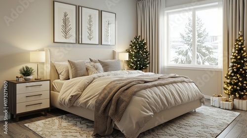 A cozy, elegantly decorated bedroom featuring a plush bed, Christmas trees, and warm lighting, creating a festive and inviting atmosphere.