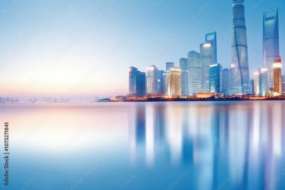 Fototapeta premium Shanghais Magnificent Skyline at Dusk With Reflections on the Huangpu River