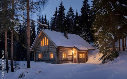 Cozy Cabin in Snowy Woods - Serene Winter Twilight Wallpaper