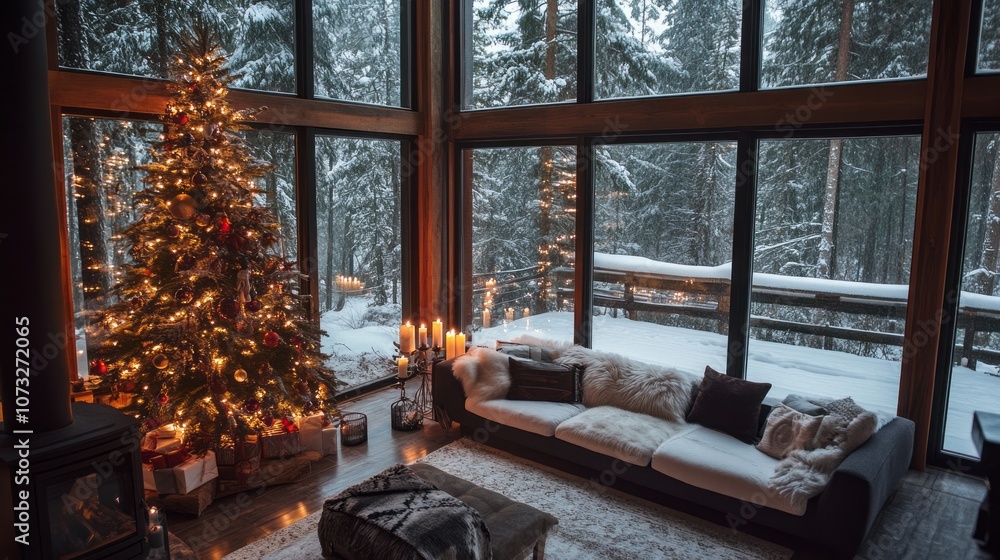 Cozy Winter Cabin Interior with Decorated Christmas Tree and Snow Covered View Cozy Winter Cabin Interior with Decorated Christmas Tree and Snow Covered View