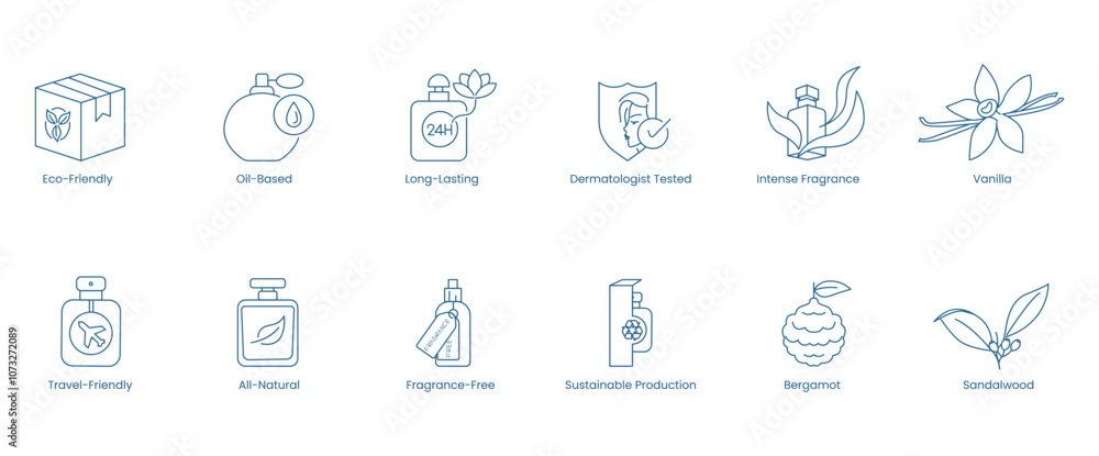 Vector Icons Representing Eco-Friendly, Oil-Based, Long-Lasting, Dermatologist-Tested, Intense Fragrance, Vanilla, Travel-Friendly, All-Natural, Fragrance-Free, Sustainable Production, Bergamot Vector Icons Representing Eco-Friendly, Oil-Based, Long-Lasting, Dermatologist-Tested, Intense Fragrance, Vanilla, Travel-Friendly, All-Natural, Fragrance-Free, Sustainable Production, Bergamot