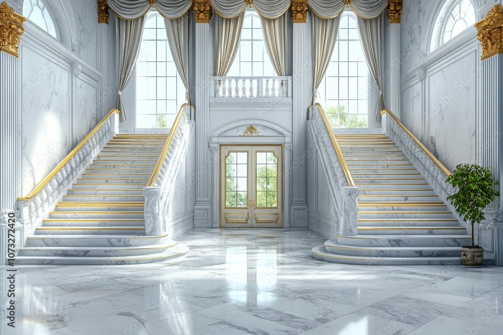 Obraz premium A grand entrance hall with a staircase leading up to the second floor