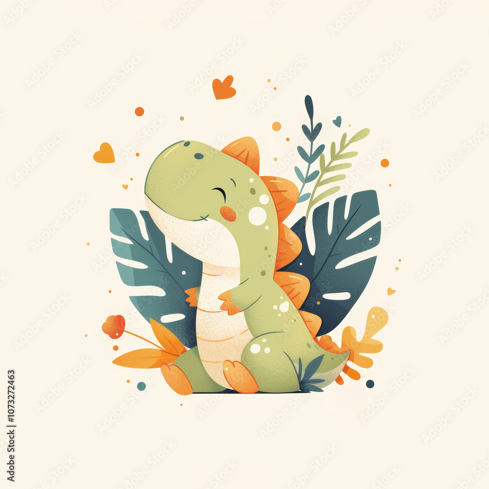 Naklejka premium Cute Cartoon Dinosaur Illustration with Tropical Leaves