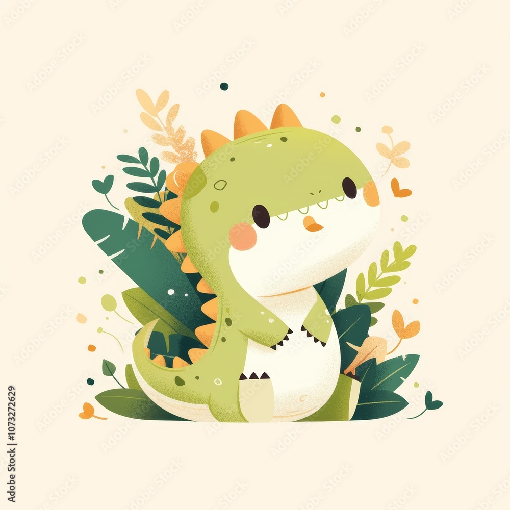 Fototapeta premium Adorable Cartoon Dinosaur with Leafy Green Background