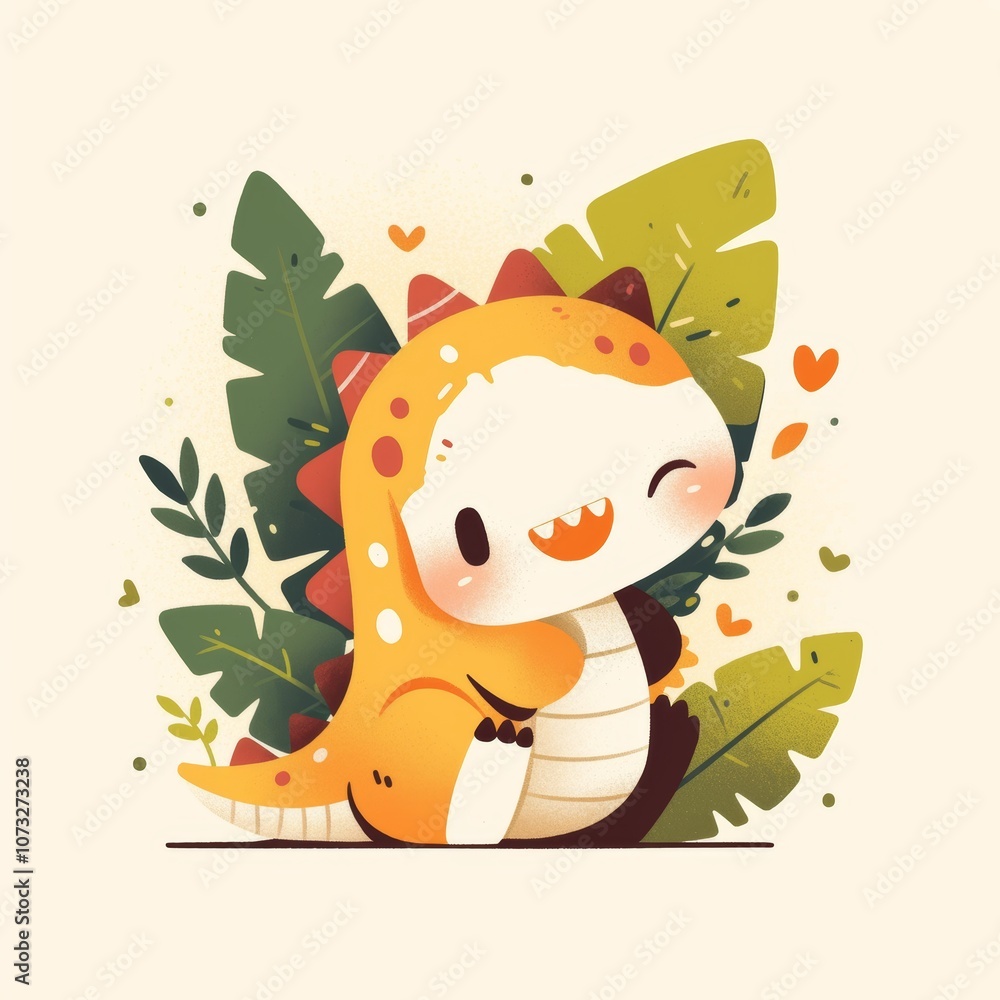 Fototapeta premium Adorable Cartoon Dinosaur in Jungle Setting with Heart Accents