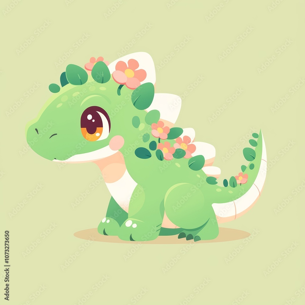 Fototapeta premium Adorable Cartoon Dinosaur with Floral Accents in Pastel Colors