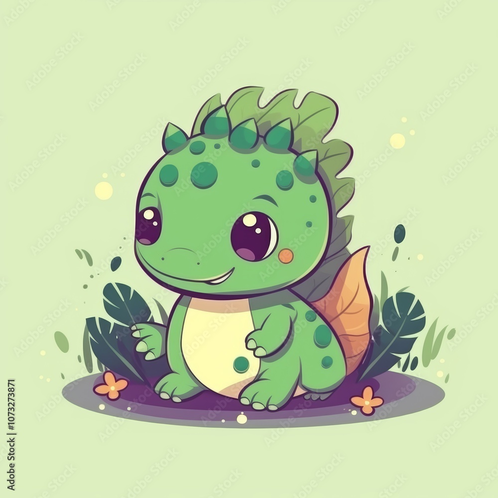 Adorable Cartoon Dinosaur with Leafy Surroundings Adorable Cartoon Dinosaur with Leafy Surroundings