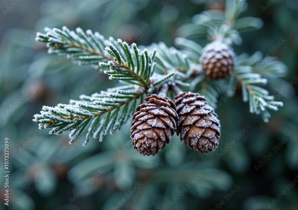 Frost-covered pine cones on snowy evergreen branch with blurred green background Frost-covered pine cones on snowy evergreen branch with blurred green background