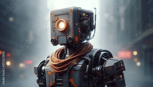 Weathered Humanoid Robot with Glowing Eyes in a Dystopian Foggy Landscape