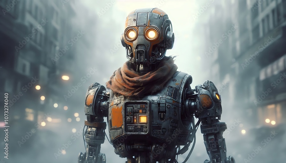 Weathered Humanoid Robot with Glowing Eyes in a Dystopian Foggy Landscape Weathered Humanoid Robot with Glowing Eyes in a Dystopian Foggy Landscape