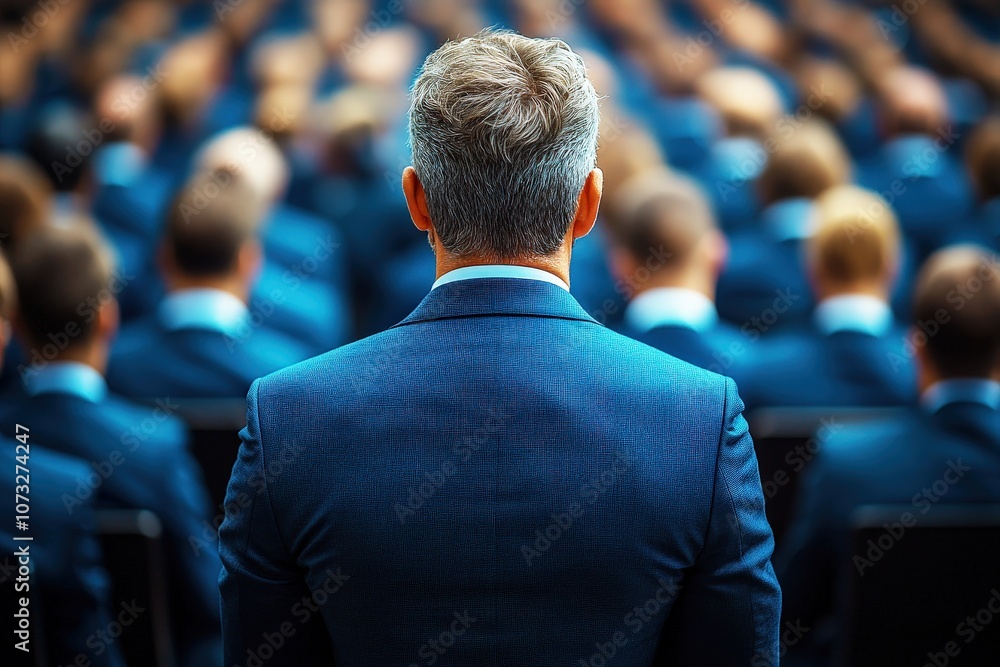 A Professional Man in a Suit Observing an Audience at a Conference, with a Focus on Business Attire and Corporate Environment for Networking and Engagement A Professional Man in a Suit Observing an Audience at a Conference, with a Focus on Business Attire and Corporate Environment for Networking and Engagement