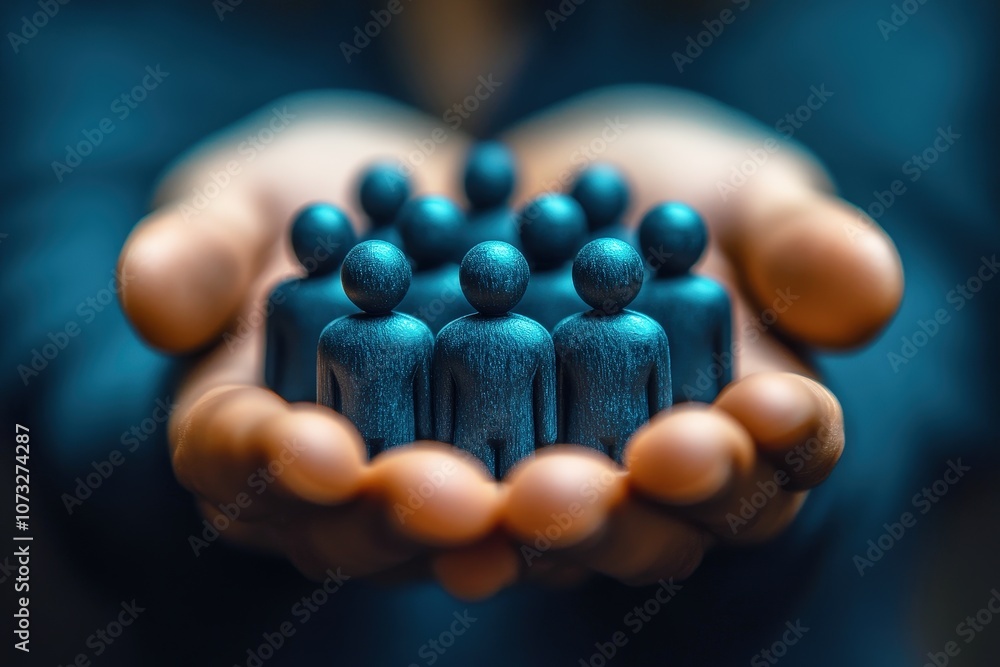 Hands Supporting Blue Wooden Figures Representing Community, Care, Togetherness, Unity, and Human Connection in a Symbolic Composition of Support and Nurturing. Hands Supporting Blue Wooden Figures Representing Community, Care, Togetherness, Unity, and Human Connection in a Symbolic Composition of Support and Nurturing.