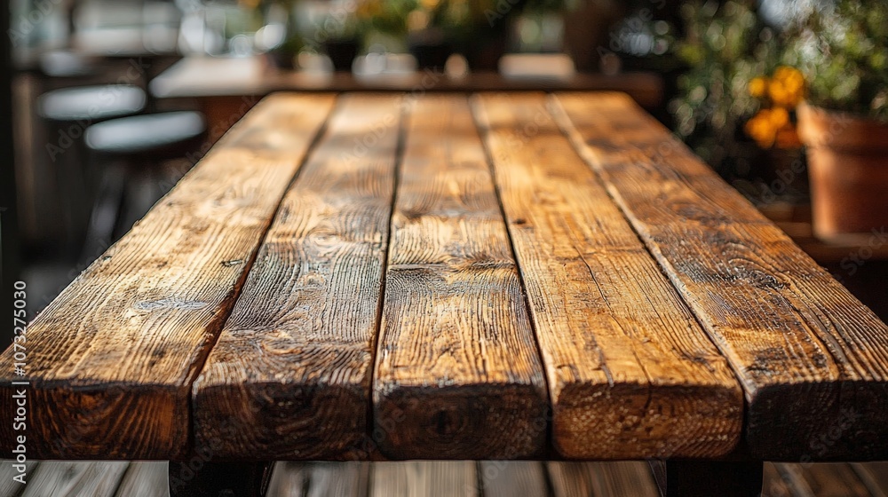 A close-up of a rustic wooden table with a warm finish, set in a cozy environment. A close-up of a rustic wooden table with a warm finish, set in a cozy environment.