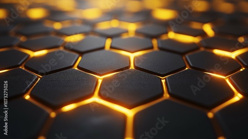 Abstract hexagonal honeycomb pattern with glowing edges, showcasing a modern and futuristic design with warm yellow light, perfect for backgrounds and technology themes