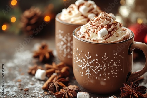 Two mugs of hot chocolate with whipped cream, marshmallows, and cocoa powder on a rustic table with festive decor.