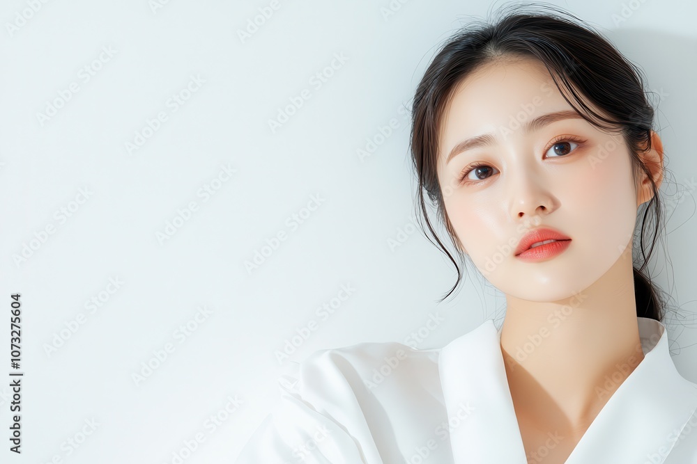 portrait cute asian woman with clean skin, no makeup, skin care concept, minimalism, light background