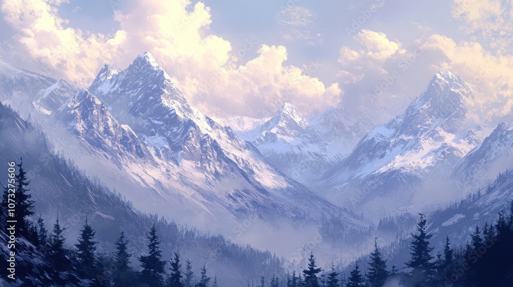 Fototapeta premium A distant view of snow-covered mountains, with soft clouds drifting over the peaks on a cold winter day