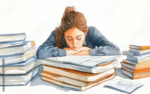 A tired student resting on a pile of books, surrounded by textbooks and notes, reflecting on study fatigue.